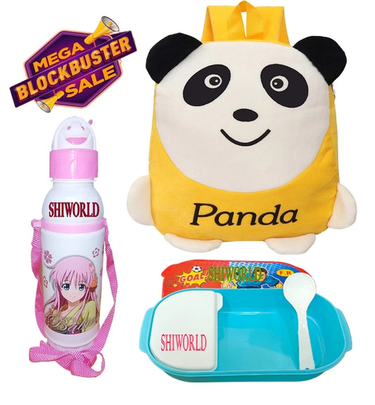 Fabric Backpack with Lunch Box & Water Bottle for Kids (Multicolor, Set of 3)