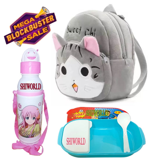 Fabric Backpack with Lunch Box & Water Bottle for Kids (Multicolor, Set of 3)