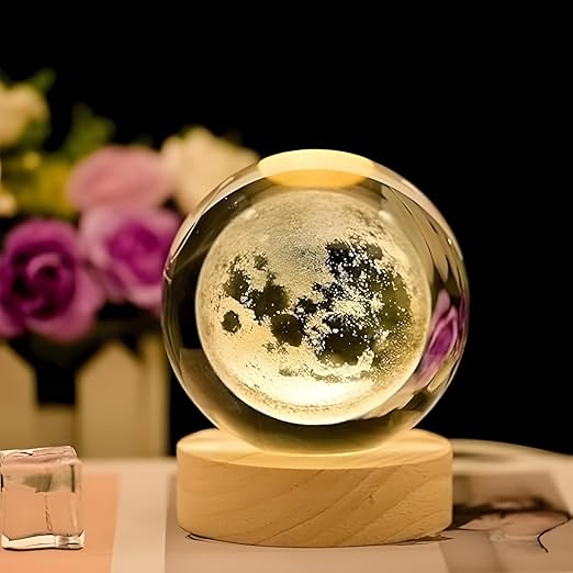 One94Store 3D Crystal Moon Lamp, Creative Engraved Crystal Ball Night Light, USB LED Wooden Crystal Lamp for Home Office Decoration Birthday Gift Adults (Warm White)